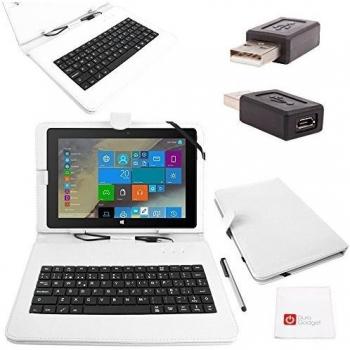 DURAGADGET Funda Teclado Blanco ESPAÑOL para BQ Tesla 2 W10 / W8 De 10.1 + Puntero Lápiz Stylus + Adaptador + ¡Fantástica Gamuza De Regalo! - Función Stand/Atril - con Letra Ñ - 2 Años De Garantía