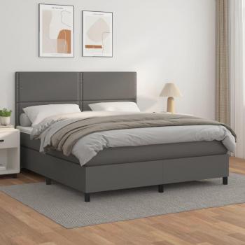 Cama box spring de muelles con colchón gris 160x200 cm en cuero sintético