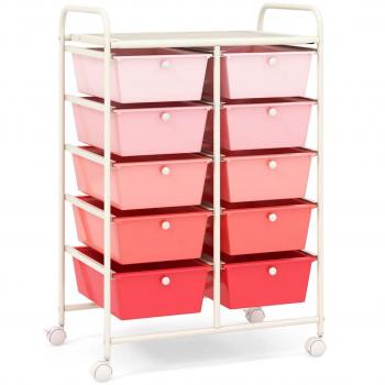 10-Drawer Rolling Storage Cart - Utility Rolling Trolley in Pink Gradient with 4 Wheels