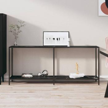 Mesa de consola de vidrio templado 180x35x75,5 cm en color transparente y negro con acabado de mármol blanco, ideal como mesa auxiliar o mueble recibidor para salón