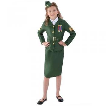 Disfraz Militar de Niña 2ª Guerra Mundial - Caqui Verde, Chaqueta, Falda y Gorro - Talla 7-9 Años