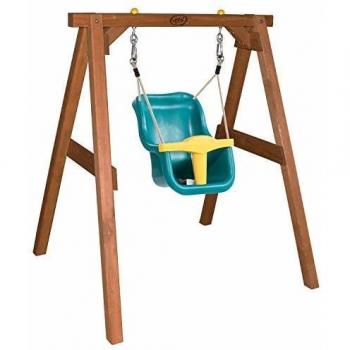 Columpio de Bebé AXI con Estructura de Madera, Asiento Turquesa/Amarillo, para Niños a Partir de 9 Meses - Dimensiones: 124x130x103 cm