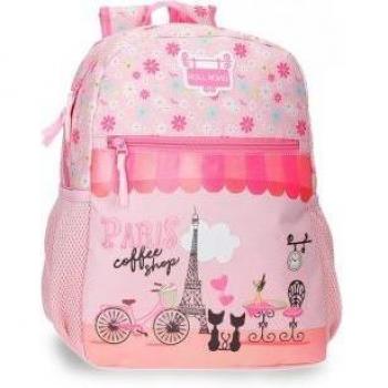 Mochila Roll Road Paris Coffee Shop 33cm Rosa con Bolsillos Laterales