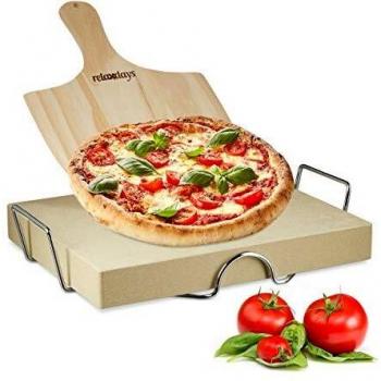 Set de piedra para pizza con soporte metálico y pala de madera, 5 cm de grosor, rectangular, ideal para horno y parrilla