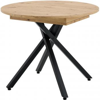 Mesa Redonda Extensible Ontario de MDF Roble con Patas de Metal Negro, 90-120 cm