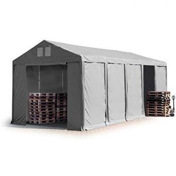 Carpa almacén Toolport 4x10 m, altura lateral 3 m, PVC 850, gris, 100% impermeable, puerta con cremallera