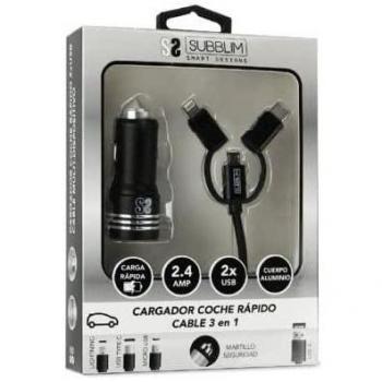Subblim Cargador de Coche SUB-CHG-4CC002, 2xUSB, Cable USB 3 en 1 (Lightning/MicroUSB/USB-C), 12W/2.4A, Negro