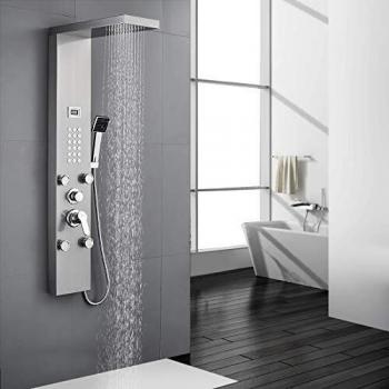 AuraLum Columna Ducha Hidro-Masaje con Pantalla LCD, 3-en-1 Multifunción Panel de Ducha con 4 Jets de Hidromasaje Orientables, Cepillado