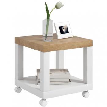Mesita Auxiliar con Ruedas Homcom, Estante Abierto, Mesa para Sofá, Sala y Dormitorio, 40x40x40 cm, Natural y Blanco