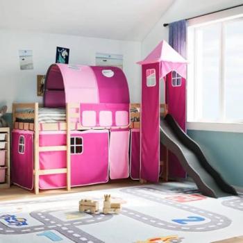 Cama alta para niños con torre de madera de pino rosa 90x200 cm