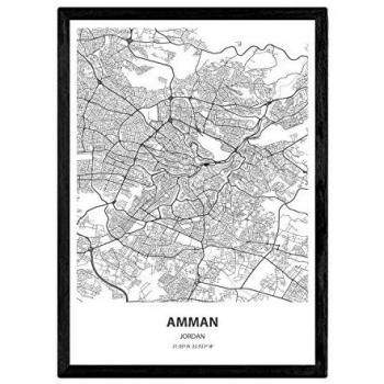 Póster Mapa de Amán, Jordania - Lámina de Ciudad de Oriente Medio con Mares y Ríos en Color Negro, Tamaño A4 con Marco