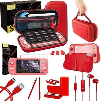 Orzly Accesorios para Nintendo Switch Lite – Pack Incluye: Protectores de Pantalla & Funda para Switch Lite Consola, Funda Comfort Grip, Cable USB, Auriculares y más. Rojo