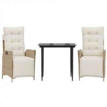 3-Piece Beige Poly Rattan Garden Dining Set with Cushions