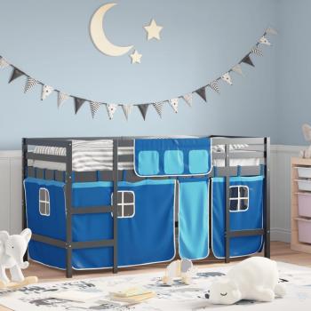Cama alta infantil de pino macizo con cortinas azules 90x190 cm