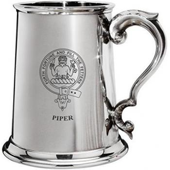 Piper Family Crest Polished Pewter 1 Pint Tankard with Scroll handle