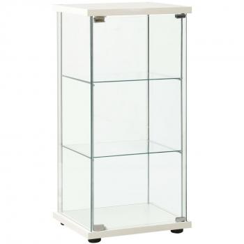 Gabinete de almacenamiento de vidrio templado blanco con estructura moderna, diseño elegante, múltiples compartimentos y acabado en color blanco