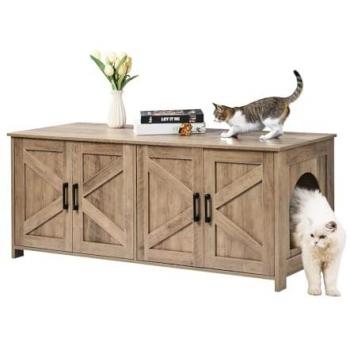Mueble para Caja de Arena Oculta para 2 Gatos, Gabinete de Madera con Doble Compartimento, Diseño Espacioso y Adaptable a Cajas de Arena Estándar, 119 x 50 x 55 cm