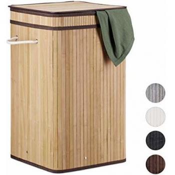 Cesto Ropa Sucia Plegable de Bambú con Tapa, Cuadrado, 70 L, 63 x 36 x 36 cm, Natural