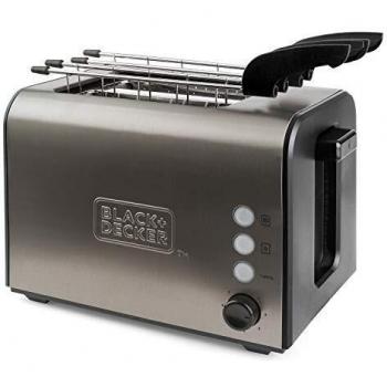 Black+Decker BXTOA900E Tostadora de pan con 2 ranuras extra anchas, 7 niveles de tostado, sistema de pinzas extraíbles, funciones: Stop, Recalentar y Descongelar, 900 W, Acero Inoxidable, Inox