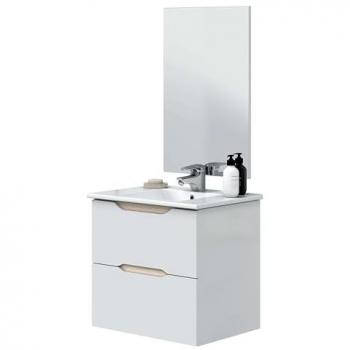 Mueble de Baño 60 cm Curvas 2 Cajones Con Lavabo Blanco Brillo y Roble - Fabricado en Melamina - Modelo 60