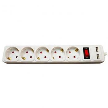 Regleta Phasak 5 Tomas con Interruptor y 2 Puertos USB, Cable de 1.8m, Color Blanco