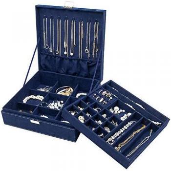 ProCase Estuche Joyero Grande Aterciopelado para Mujer, Caja Organizadora de 2 Pisos con Colgador de Collares Pendientes, Guardar Joyas Accesorios Decoración Pulseras Anillos Relojes en Hogar -Azul