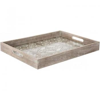 Bandeja de Madera Blanqueada con Fondo de Vidrio - Gris - 40x30x4,5 cm
