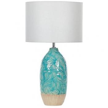 Lámpara de mesa boho rústico de cerámica azul turquesa con pantalla de tela blanca 58 cm Ataba