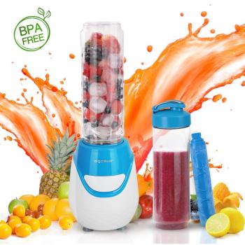 Aigostar Blueberry 30JDI - Batidora de vaso portátil, 600W, tubo refrigerante, incluye 2 vasos portátiles de Tritan de 600 ml y 2 tapas. Libre de BPA, color azul y blanco. Diseño exclusivo.