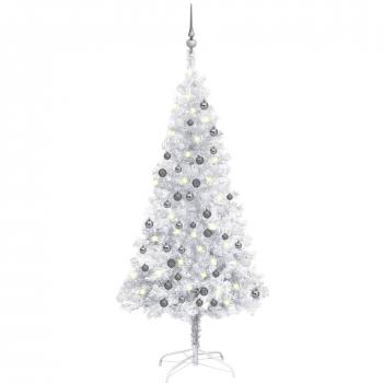 Árbol de Navidad artificial preiluminado con LEDs y bolas plateadas 150 cm