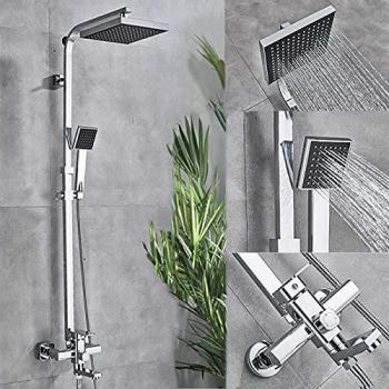 Saeuwtowy Cromo Columna de Ducha Mezclador de Ducha Ducha de Lluvia y Ducha Cuadrada 8 Ducha de Lluvia + Ducha de Mano Columna de Ducha Acero Inoxidable para Baño