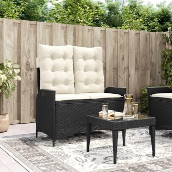 Banco de jardín reclinado con almohadas de Polyrattan negro