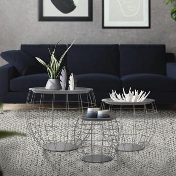 Set de 3 Mesas Auxiliares Redondas de Metal Gris con Tablero Desmontable y Diseño de Cesta