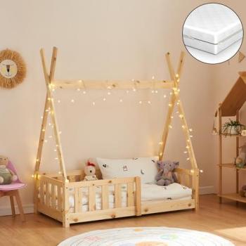 Cama Infantil Tipi Helsingborg con Reja de Seguridad y Colchón Ortopédico 140x70 cm - Pino Natural