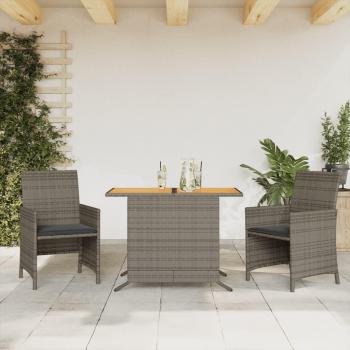 3-Piece Grey Poly Rattan Bistro Set with Cushions