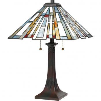 Lámpara de mesa Tiffany Maybeck de 2 luces con estructura de acero en bronce valiente y pantalla de vidrio