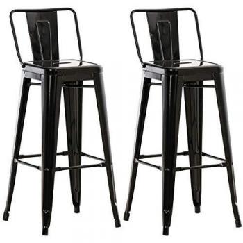 Set 2 Taburetes de Bar Mason Negro con Respaldo y Apoyapies, Altura 77cm, Diseño Industrial