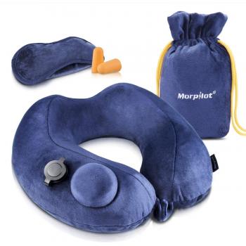 Almohada de Viaje Inflable Morpilot Almohadas del Cuello de Terciopelo Suave para Aviones Tren y Automóvil con Tapones para los Oídos y Máscara Compacta y Liviana