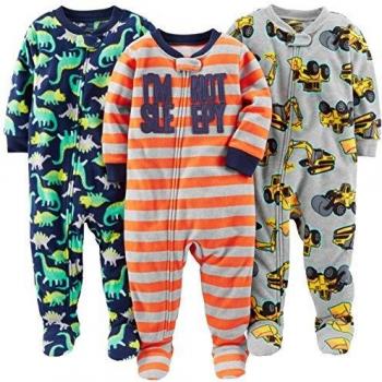 Simple Joys by Carter's Pijama con Pies de Forro Polar de Ajuste Holgado Bebé Niño, Pack de 3, Rojo, Rayas/Dinosaurio, 18 Meses