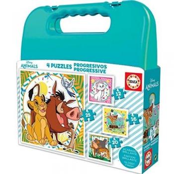 Educa - Maleta Progresivos Disney Animals, 4 Puzzles progresivos de 12-16-20-25 Piezas Cada uno, Medida