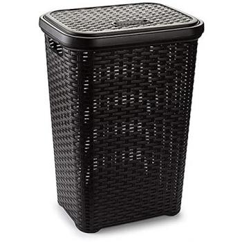 Cesto de Ropa Sucia de Plástico con Tapa y Diseño Mimbre 60L - Tamaño 62x44x35 cm, Disponible en Dos Colores