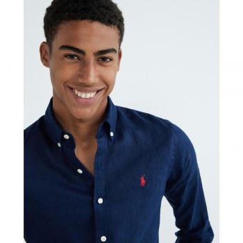 Ralph Lauren Men's Long Sleeve Slim Fit Navy Linen Polo Shirt