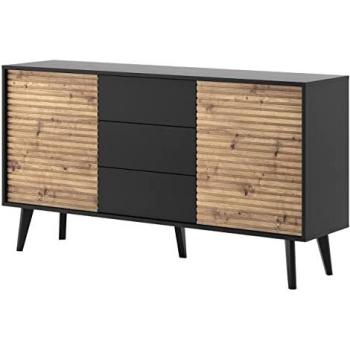 Cómoda Lima N102 con 3 cajones y 2 puertas, negro y roble artisan, dimensiones 83x154x39cm