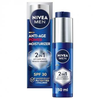 NIVEA MEN Anti-Age 2in1 Power Moisturizer SPF 30 with Hyaluronic Acid for Wrinkle Reduction and Luminous Skin, 50ml
