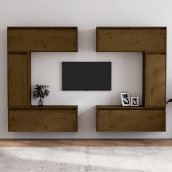 Mueble de TV 6 piezas madera maciza de pino marrón miel