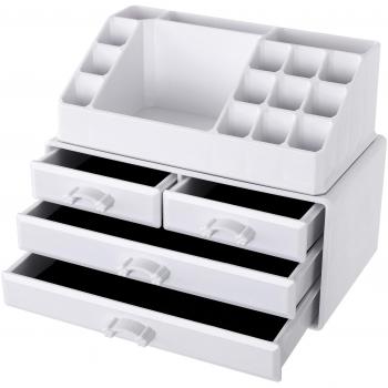 SONGMICS Organizador de Maquillaje, Material acrílico, con 4 cajones para Almacenamiento en el baño o el Dormitorio, para pintalabios, Joyas, Esmalte de uñas, Hilo de Coser, en Color Blanco