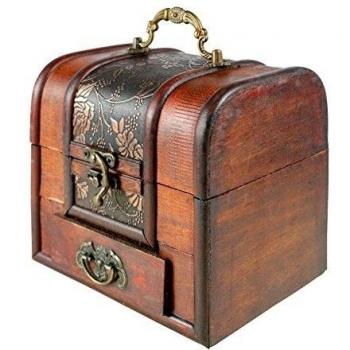 Cofre del Tesoro Pirata para Almacenamiento por Thunderdog - Construcción de Madera & Metal Resistente -Diseño de Época Único Hecho a Mano Con Cerradura Frontal - Tamaño 15x12x14cm - Llamativo Elemento Decorativo - El Mejor Regalo