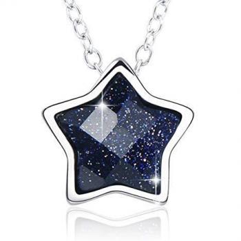 SIMPLOVE Collar de Estrella de Arenisca Negra para Mujer, Colgante Pentagrama de Plata de Ley 925, 18K Platino Plateado, Embalaje de Caja de Regalo para Cada Momento Especial