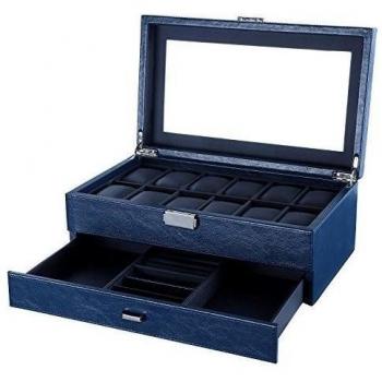 Songmics Caja joyero de 2 niveles Organizador para 12 relojes ajorcas pulseras Azul JWB012L