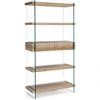 Librería Line Kenya con 4 Ripianos, 2 Cajones y Estructura de Vidrio Transparente, 90x39x180 cm